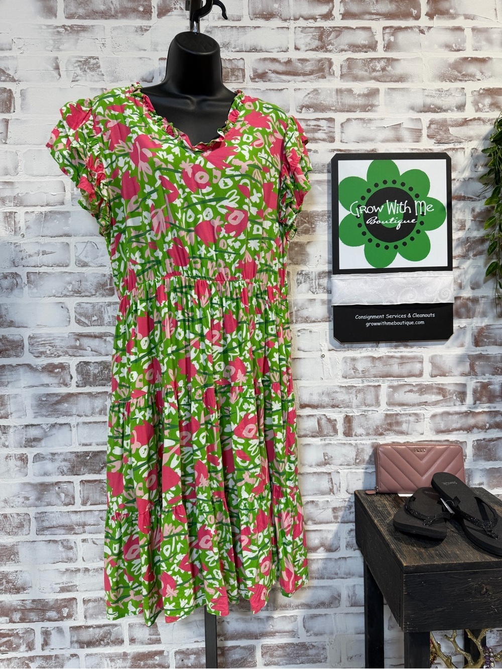 Green & Pink Floral Midi Dress - Women's Casual Summer Dress